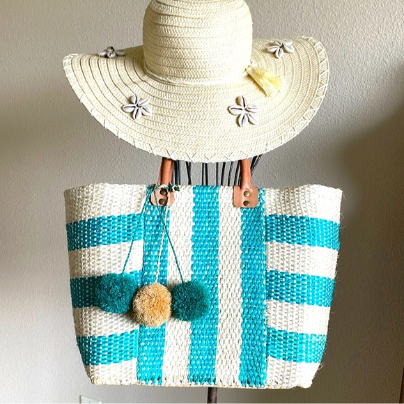 New mar y sol Aqua Tan Striped Woven Sea Grass Leather Handled Tote Beautiful - Picture 2 of 11